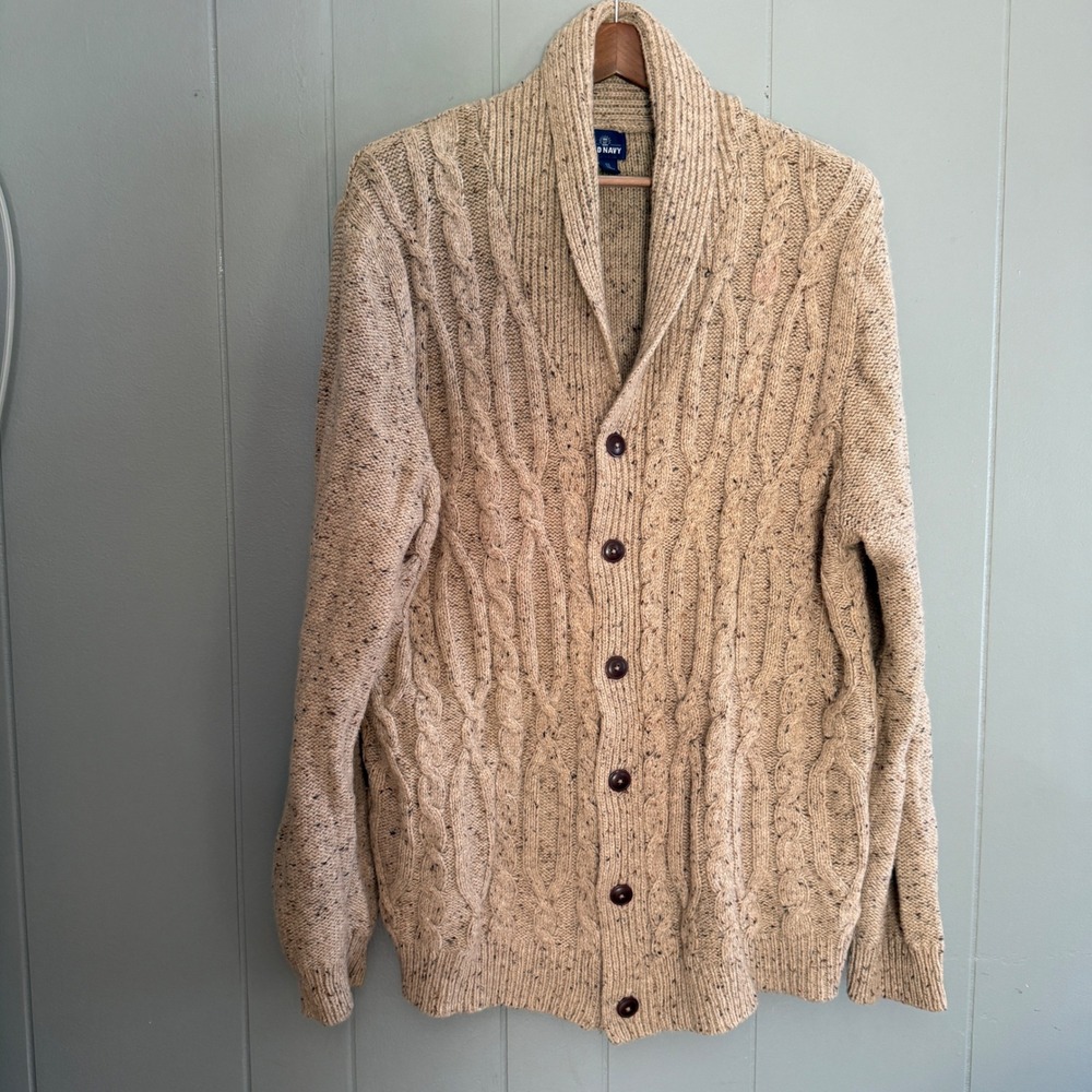 Mens XXL Oatmeal Speckled Cable Knit Shawl Collar Cardigan Sweater Grandpa H013